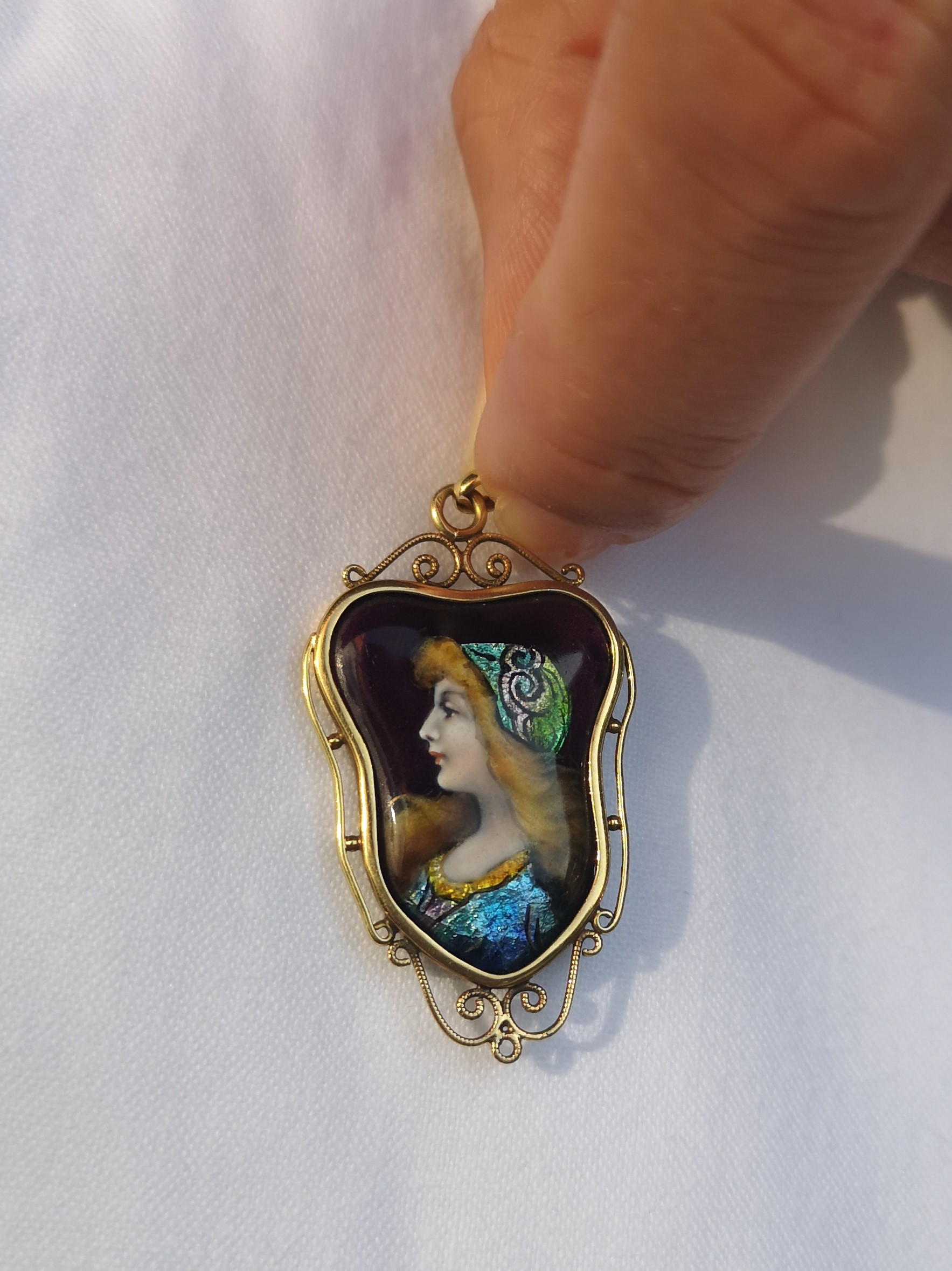 Pendentif En Or 18 Carats Et émaux De Limoges Signé Lespous - Occasion, Très Bon état