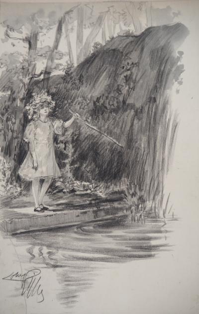 Alméry LOBEL-RICHE : Fillette au bord de l’eau - Dessin original, Signé 2