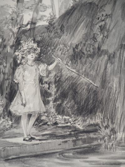 Alméry LOBEL-RICHE : Fillette au bord de l’eau - Dessin original, Signé 2