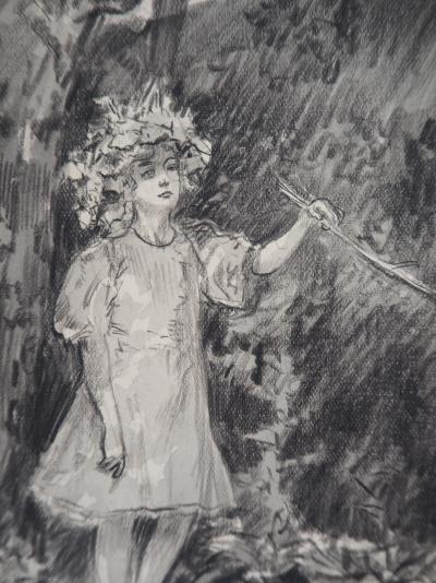 Alméry LOBEL-RICHE : Fillette au bord de l’eau - Dessin original, Signé 2