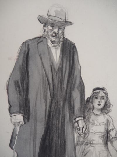 Alméry LOBEL-RICHE : Grand père et sa petite fille - Dessin original, Signé 2