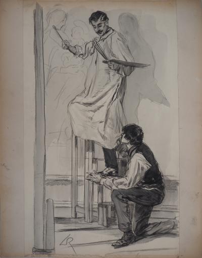 Alméry LOBEL-RICHE : Le Peintre et son assistant - Dessin original, Signé 2