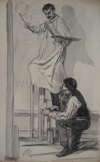 Alméry LOBEL-RICHE : Le Peintre et son assistant - Dessin original, Signé 2