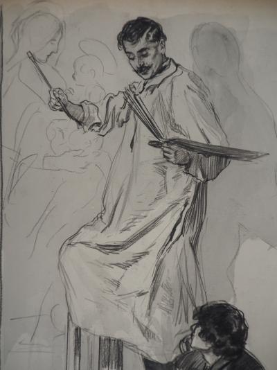 Alméry LOBEL-RICHE : Le Peintre et son assistant - Dessin original, Signé 2