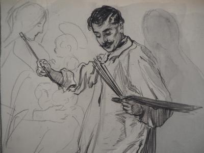 Alméry LOBEL-RICHE : Le Peintre et son assistant - Dessin original, Signé 2