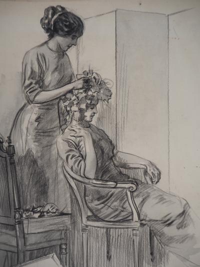 Alméry LOBEL-RICHE : Chez la coiffeuse - Dessin original, Signé 2