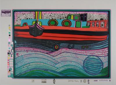 Friedensreich HUNDERTWASSER -  Regentag on Waves of Love, Plate 8, 1970-72 - Original screenprint in colors with metallic embossing and mix media on wove paper. 2
