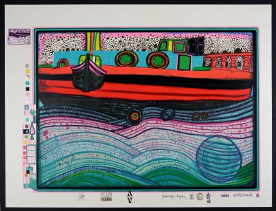 Friedensreich HUNDERTWASSER -  Regentag on Waves of Love, Plate 8, 1970-72 - Original screenprint in colors with metallic embossing and mix media on wove paper. 2