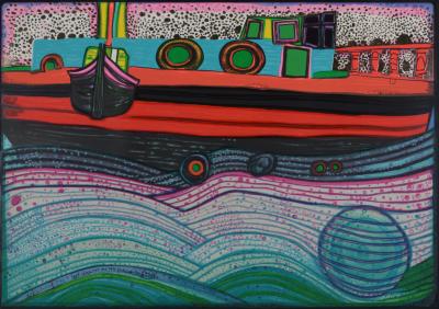 Friedensreich HUNDERTWASSER -  Regentag on Waves of Love, Plate 8, 1970-72 - Original screenprint in colors with metallic embossing and mix media on wove paper. 2