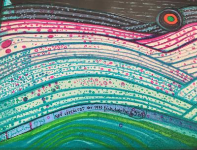 Friedensreich HUNDERTWASSER -  Regentag on Waves of Love, Plate 8, 1970-72 - Original screenprint in colors with metallic embossing and mix media on wove paper. 2