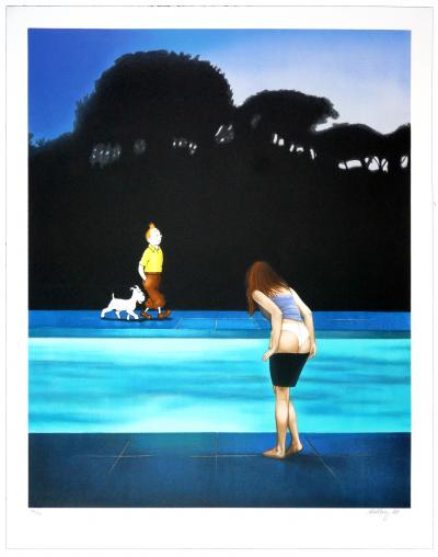Ole Kofoed AHLBERG - Tintin à la piscine - Lithographie signée au crayon 2