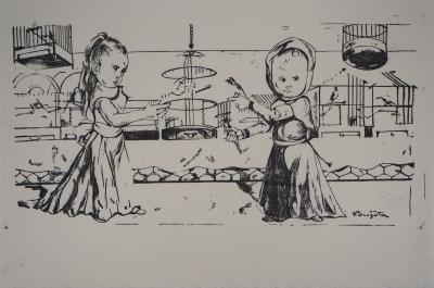 Léonard Tsuguharu FOUJITA : Enfants jouant avec des oiseaux - Bois gravé signé 2