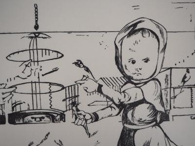 Léonard Tsuguharu FOUJITA : Enfants jouant avec des oiseaux - Bois gravé signé 2