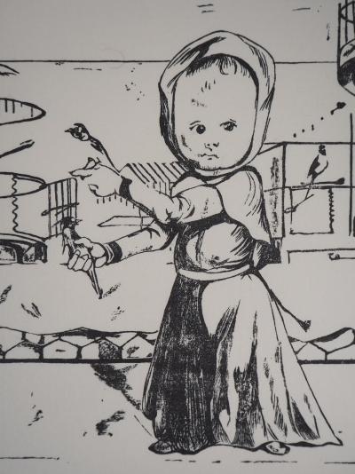 Léonard Tsuguharu FOUJITA : Enfants jouant avec des oiseaux - Bois gravé signé 2
