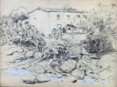 Paul GARIN - Les lavandières ; Maison - Dessins au fusain 2