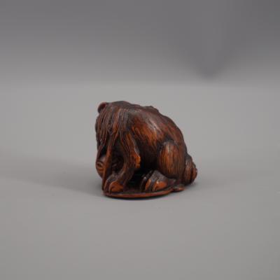 Japon - Netsuke en bois représentant un Shi-Shi avec un ballon, période Edo 2