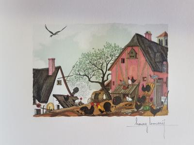 Henri LEMARIE - Les deux coqs - Bois gravé signé au crayon 2