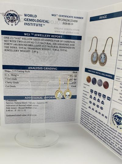 14ct Yellow Gold Aquamarine and Diamond halo earrings 2