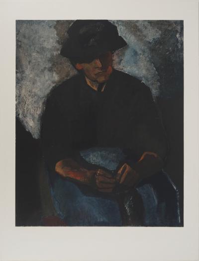 Charles DUFRESNE : Vieille femme tricotant, Lithographie signée 2