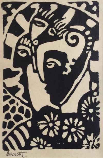 Jean-Henri BROSSAT - Les trois visages, vers 1990 - Linogravure signée 2