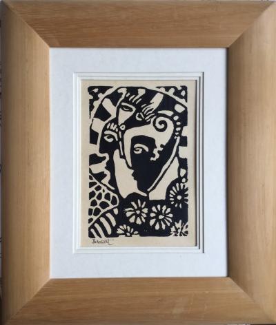 Jean-Henri BROSSAT - Les trois visages, vers 1990 - Linogravure signée 2