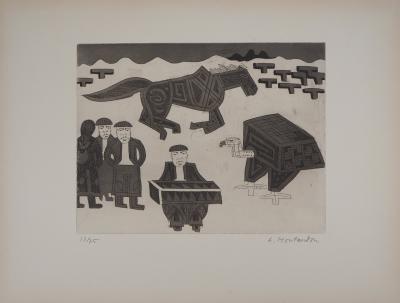 Aimé MONTANDON : Paysage avec un accordéoniste un aigle et un cheval - Gravure signée au crayon 2
