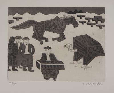 Aimé MONTANDON : Paysage avec un accordéoniste un aigle et un cheval - Gravure signée au crayon 2