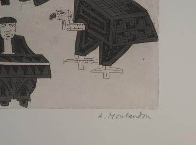 Aimé MONTANDON : Paysage avec un accordéoniste un aigle et un cheval - Gravure signée au crayon 2