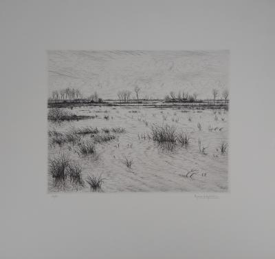 Aymar DE LEZARDIERE : Paysage inondé - Gravure signée au crayon 2