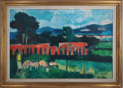 André BRASILIER : Italie, Paysage Champêtre, 1954 - Huile sur toile signée 2
