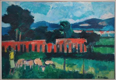 André BRASILIER : Italie, Paysage Champêtre, 1954 - Huile sur toile signée