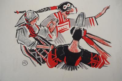 Mathurin MEHEUT : Trois Bretonnes dansantes, 1932 - Bois gravé signé