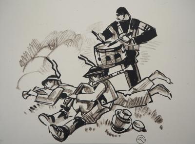 Mathurin MEHEUT: Three Breton players, 1932 - Engraved wood signed 2