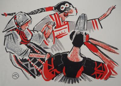 Mathurin MEHEUT : Trois Bretonnes dansantes, 1932 - Bois gravé signé 2