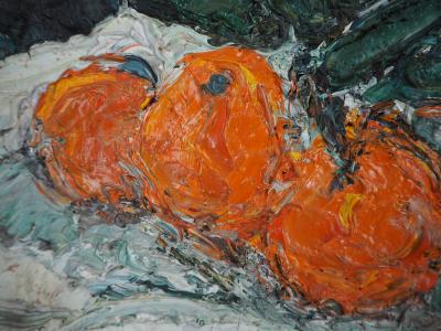 André COTTAVOZ : Nature morte aux oranges, 1980 - Huile sur panneau signée 2