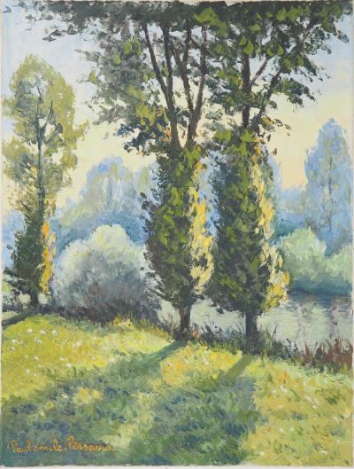 Paul Emile PISSARRO - Normandy : Poplars near the River, circa 1950 - Original Oil on Canvas, signed 2