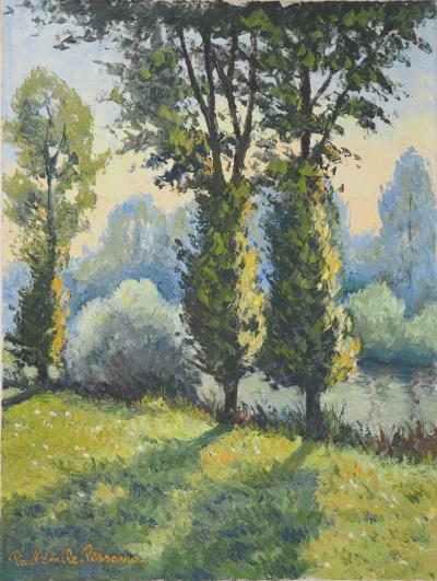 Paul Emile PISSARRO - Normandy : Poplars near the River, circa 1950 - Original Oil on Canvas, signed 2