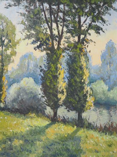 Paul Emile PISSARRO - Normandy : Poplars near the River, circa 1950 - Original Oil on Canvas, signed 2