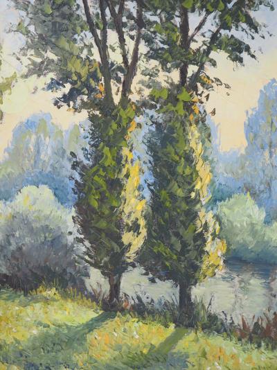 Paul Emile PISSARRO - Normandy : Poplars near the River, circa 1950 - Original Oil on Canvas, signed 2