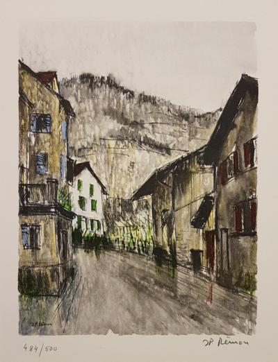 Jean Pierre REMON - Saillon, vieux bourg -  Paysages en suisse romande, 1986 - Lithographie signée au crayon 2