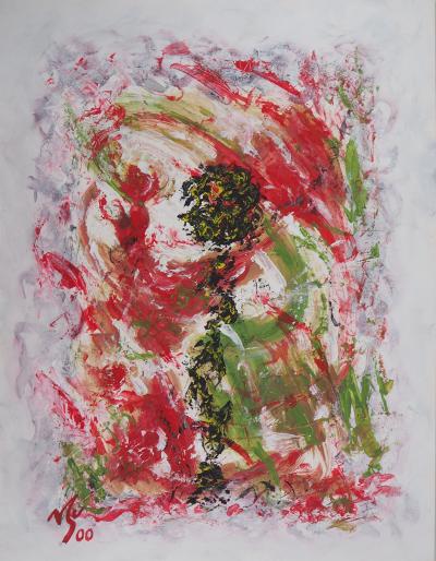 Michel GUIGNARD : Personnage en paysage fauve en rose, 2000 - Acrylique et gouache originale signée 2