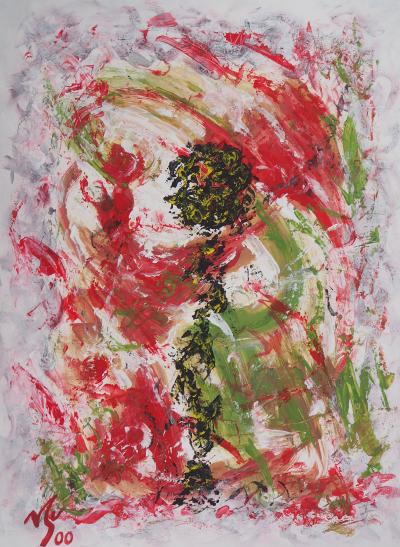 Michel GUIGNARD : Personnage en paysage fauve en rose, 2000 - Acrylique et gouache originale signée 2