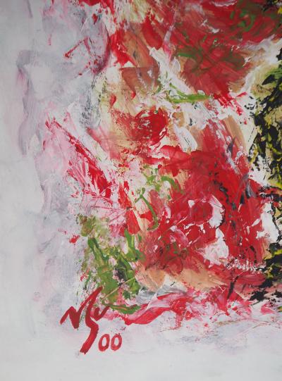 Michel GUIGNARD : Personnage en paysage fauve en rose, 2000 - Acrylique et gouache originale signée 2