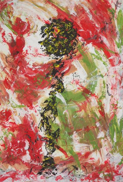 Michel GUIGNARD : Personnage en paysage fauve en rose, 2000 - Acrylique et gouache originale signée 2