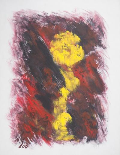 Michel GUIGNARD : Fleur jaune dans un paysage fauve, 2000 - Acrylique et gouache originale signée 2