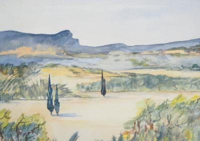 Lily MASSON : Paysage imaginaire de Grèce, 1980 - Aquarelle et gouache originale signée 2