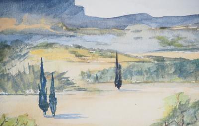 Lily MASSON : Paysage imaginaire de Grèce, 1980 - Aquarelle et gouache originale signée 2