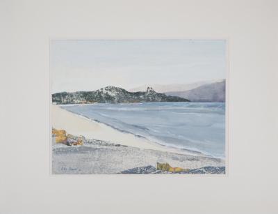 Lily MASSON : La Longue plage, 1984  - Tempéra et collage original signé 2