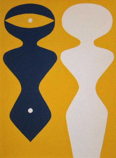 Jean ARP - Deux figures sur fond jaune, 1962 - Original woodcut 2