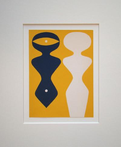 Jean ARP -  Deux figures sur fond jaune, 1962 - Bois gravé original 2